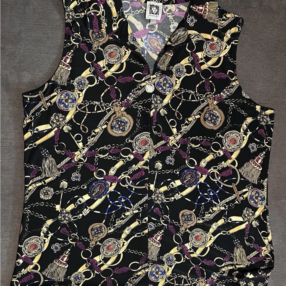 Anne Klein Black and Gold Patterned Top Size L